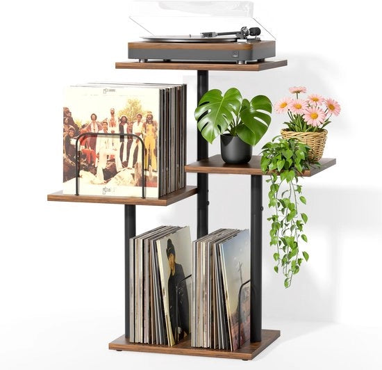 Cassa per dischi con superficie in vinile - Sostegno per giradischi - Tavolo in legno per LP - Organizzatore di album - Mobilia compatta per spazi piccoli