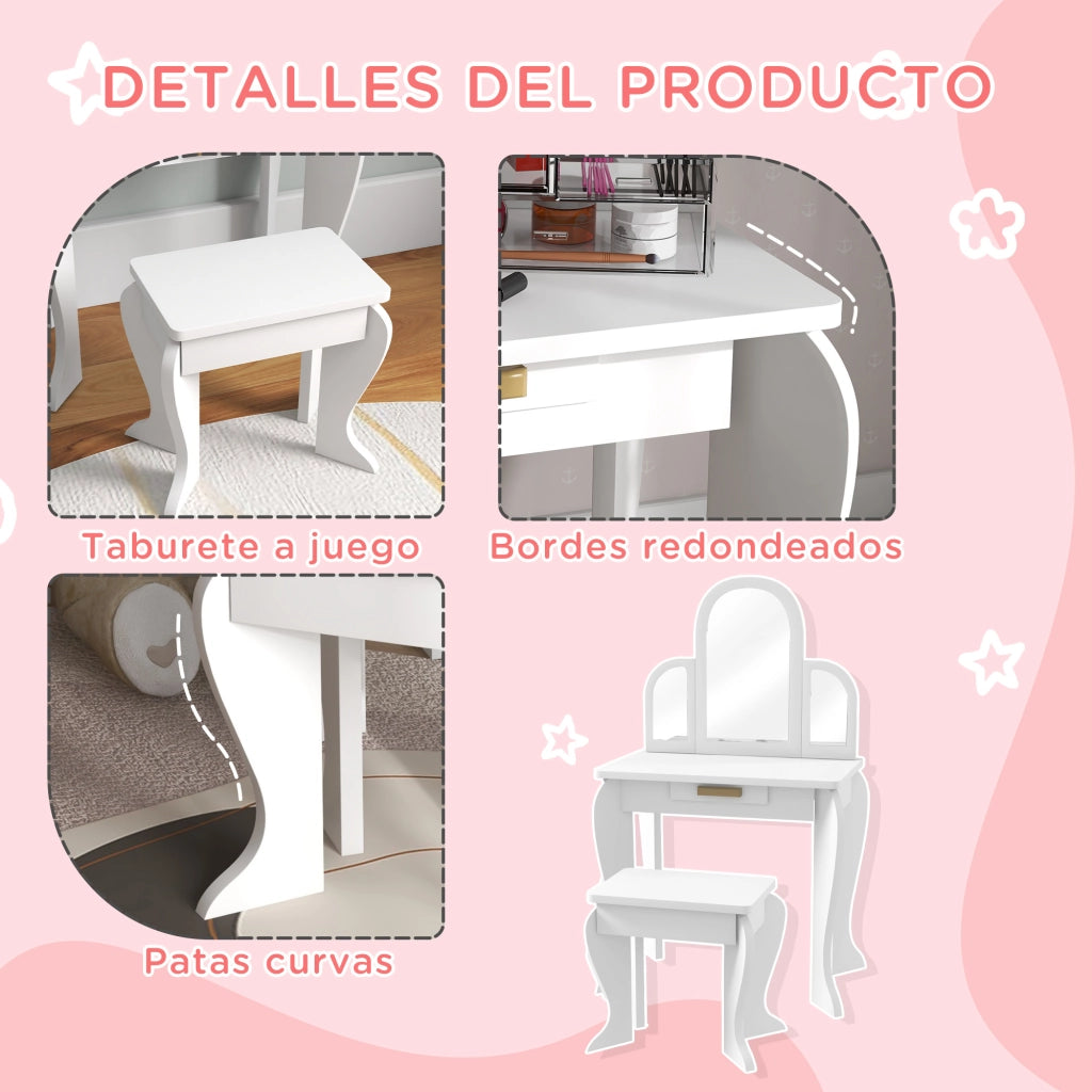 Tocador per Bambini con Specchio e Sgabello ¨C Minimal ¨C Bianco 3-6 Anni