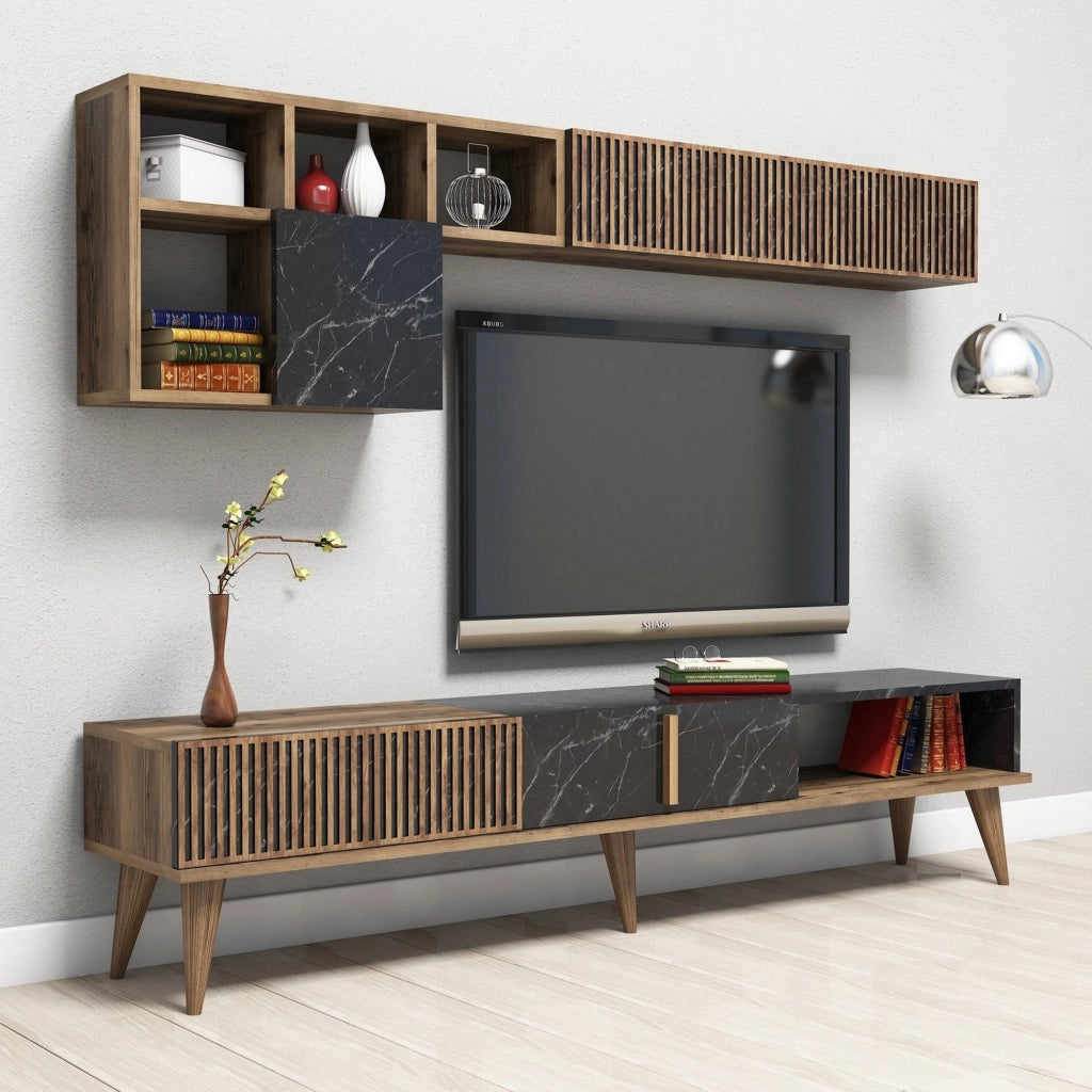 Ollomont, set Mobili da Soggiorno Modulabile, Marrone Noce