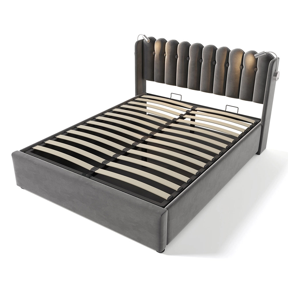 Letto a cassone imbottito - Xylo - 160x200 cm - Grigio - Caricamento e due luci da lettura