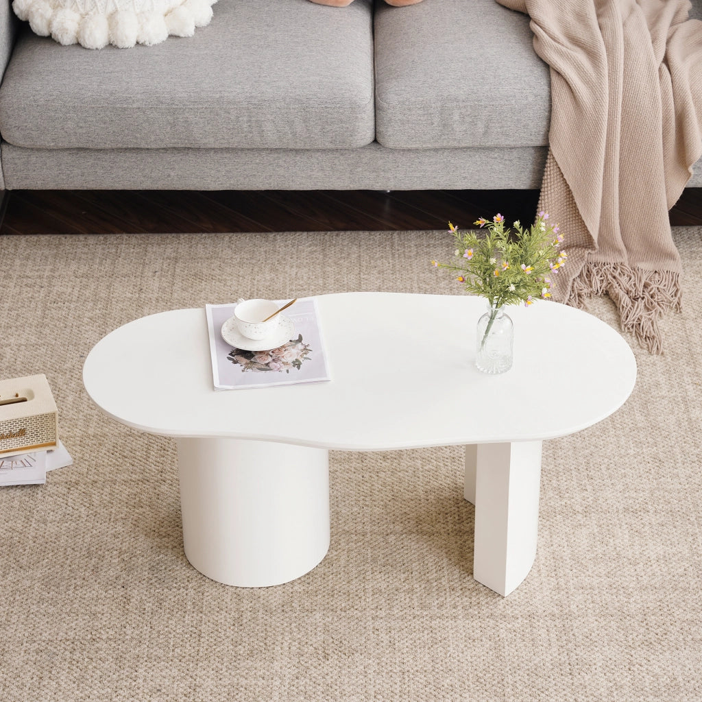 Tavolino basso in MDF laccato bianco con piano irregolare, struttura stabile, per soggiorno, 100 × 40-50 × 40.5 cm