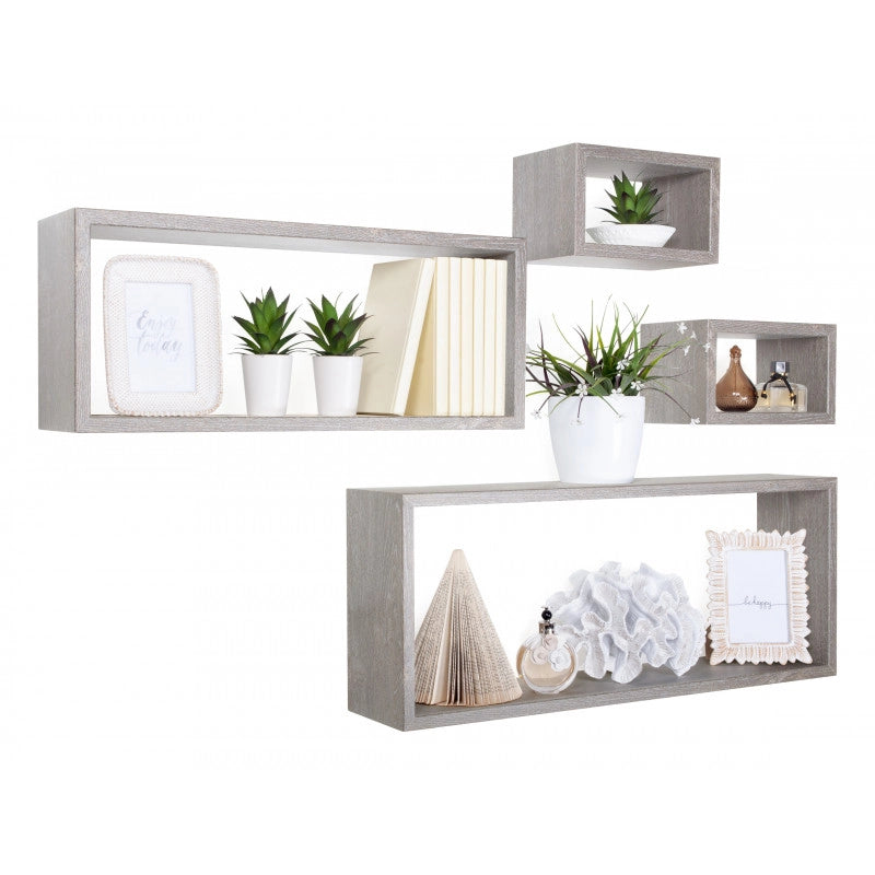 Set 4 Mensole da Muro, Pensile Bagno, Mensola Parete, Rovere Grigio Nuovo, 75x30 p15,5 cm, 60x25 p15,5 cm e 2 da 25x15 p15,5 cm - Merlino