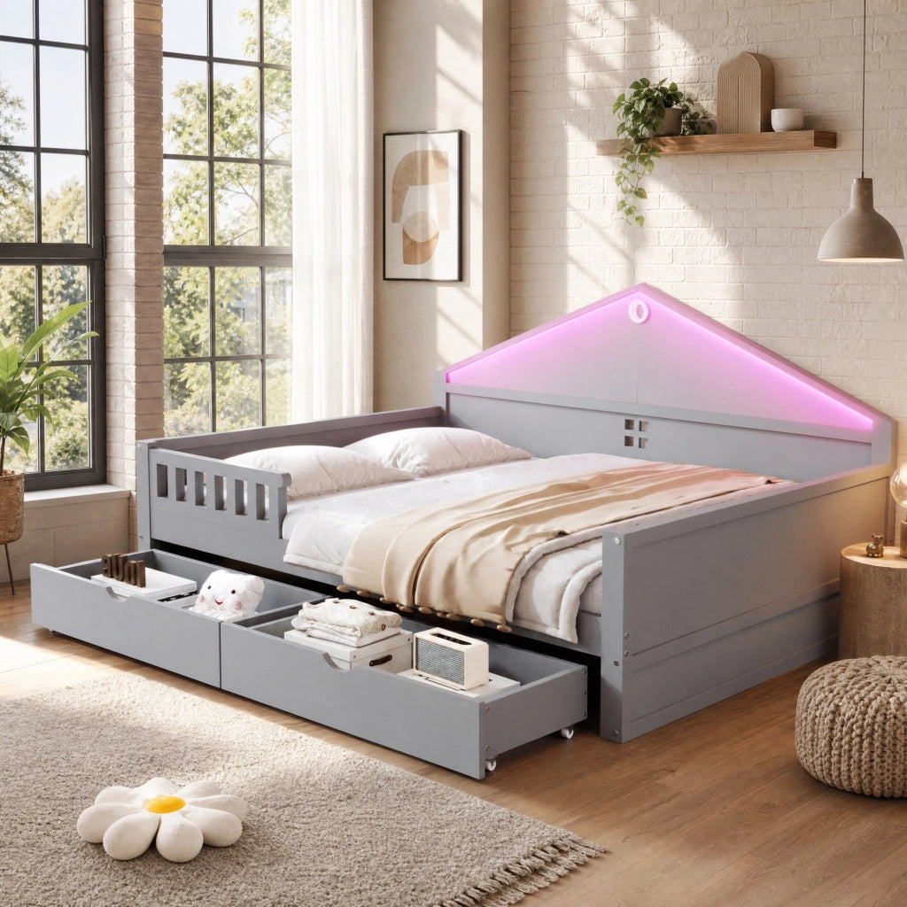 LETTO 140x200 cm con LED e 2 cassetti, grigio, legno di pino e MDF