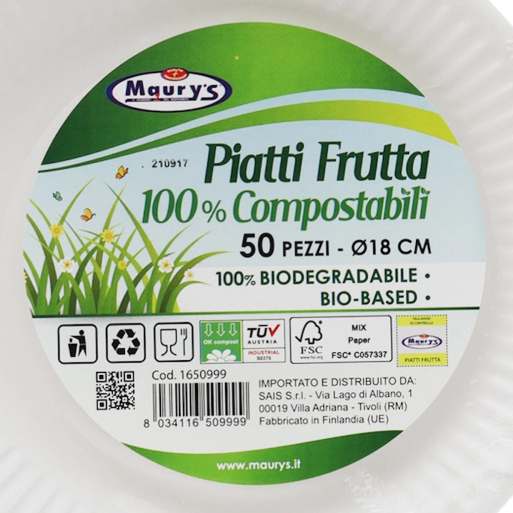MAURY'S PIATTI 50 PZ FRUTTA 18 CM COMPOSTABILI BIODEGRADABILI