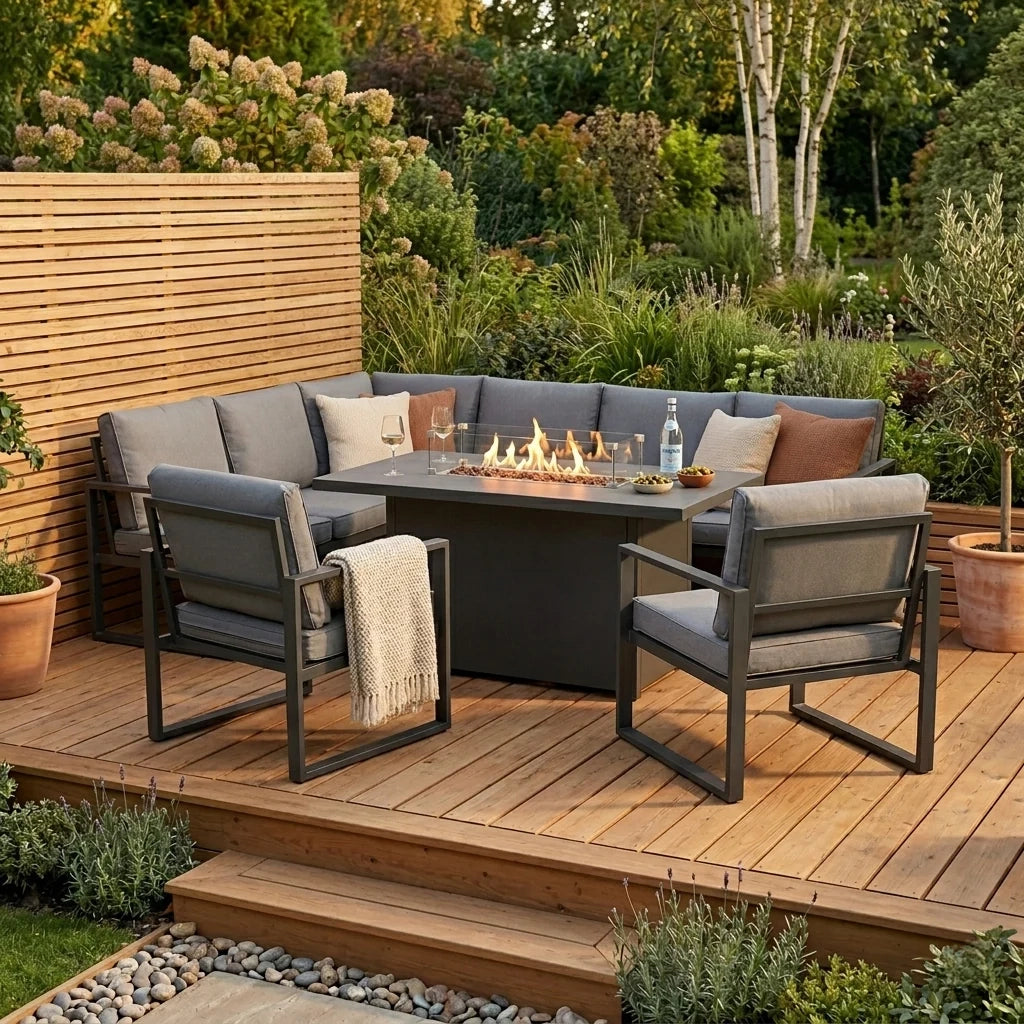 Set Giardino Alluminio 7 Posti Grigio Divano Sedie Tavolo Fire Pit