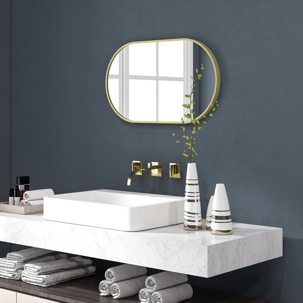 Specchio da Bagno Ovale con Cornice in Alluminio ¨C Minimal ¨C 40x70 cm Dorato