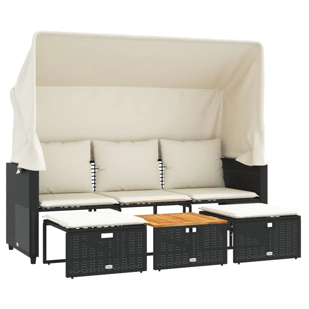 Divano Giardino 3 Posti Baldacchino e Sgabelli-Sofa da Giardino-Divanetto da esterno Nero Polyrattan