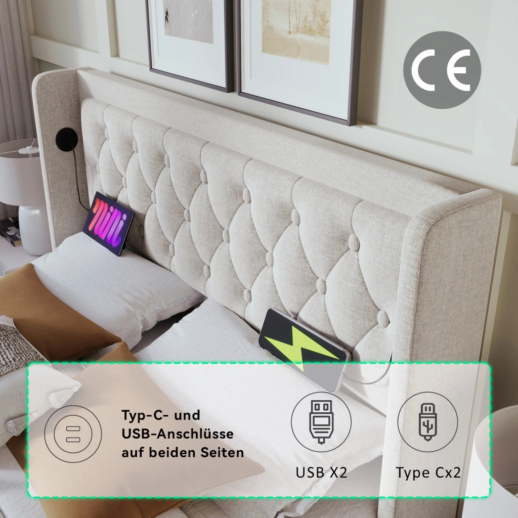 LETTO matrimoniale 160x200 cm beige in cotone con LED, USB e testiera capitonné