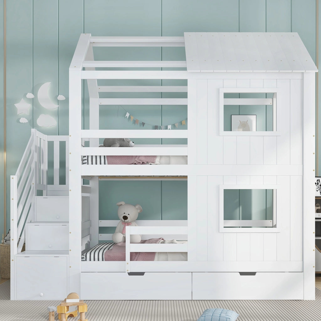 LETTO A CASTELLO 90x200 cm Bianco con scala contenitore e cassetto