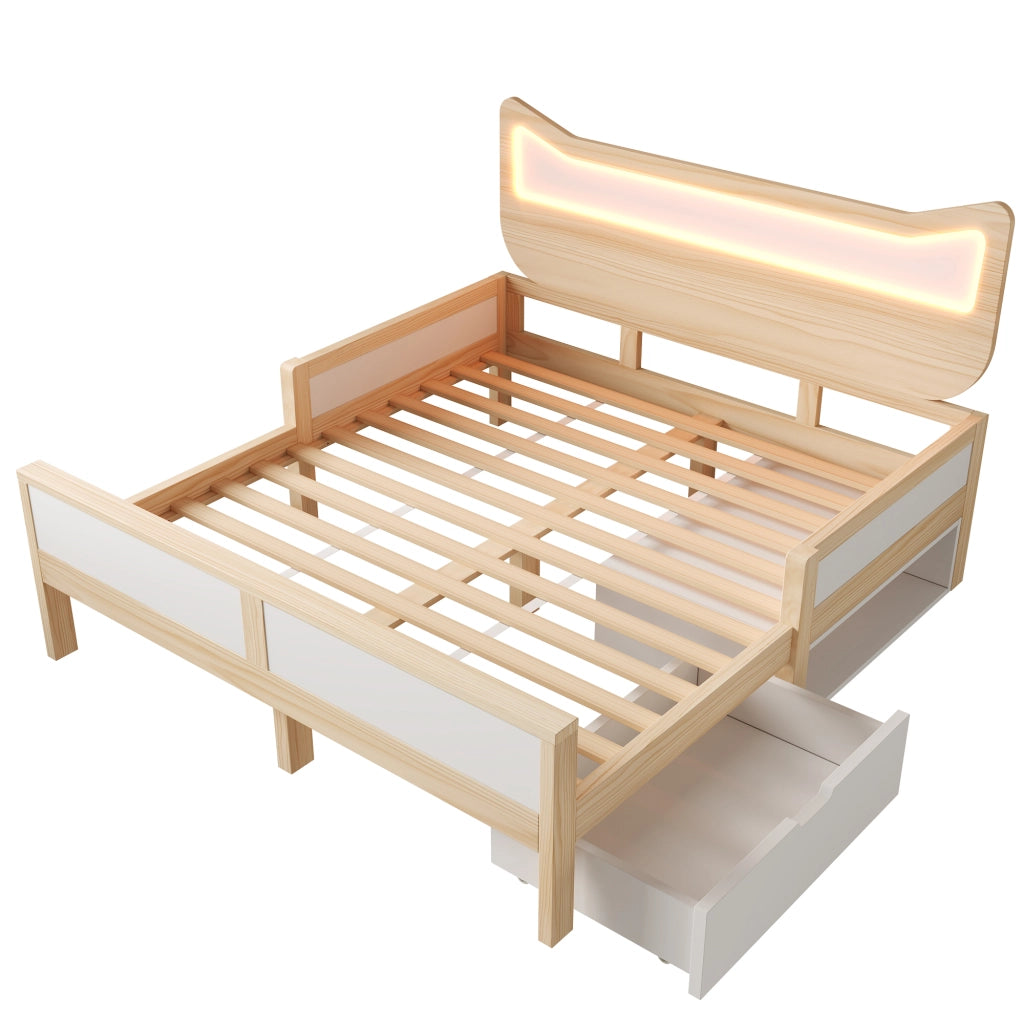 Letto per bambini con orecchie da gatto - Zephmum- 140¡Á200 cm - LED RGB - Bianco e quercia