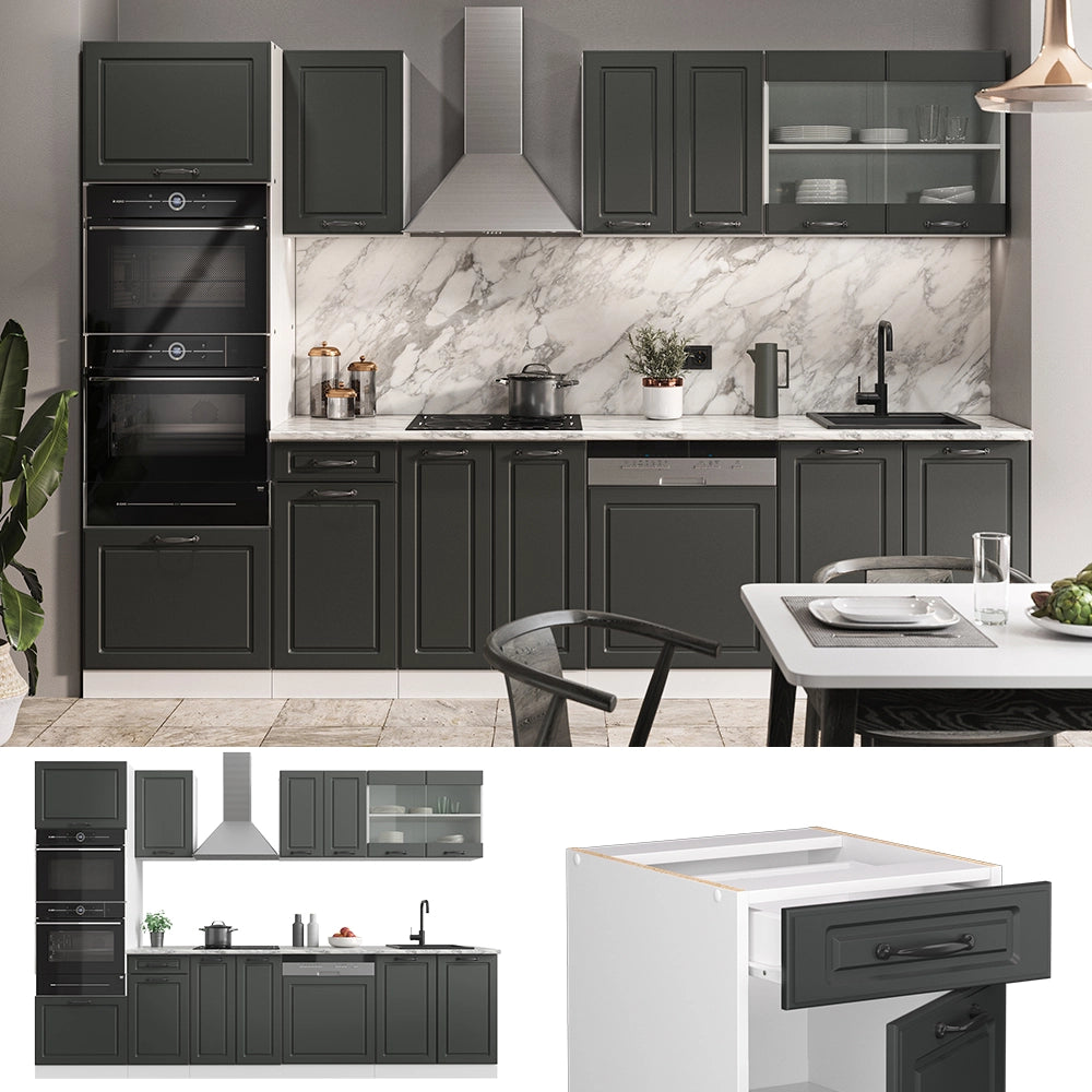 Vicco Cucina componibile Antracite casa di campagna/bianco 300 cm con armadio alto, PL Antracite