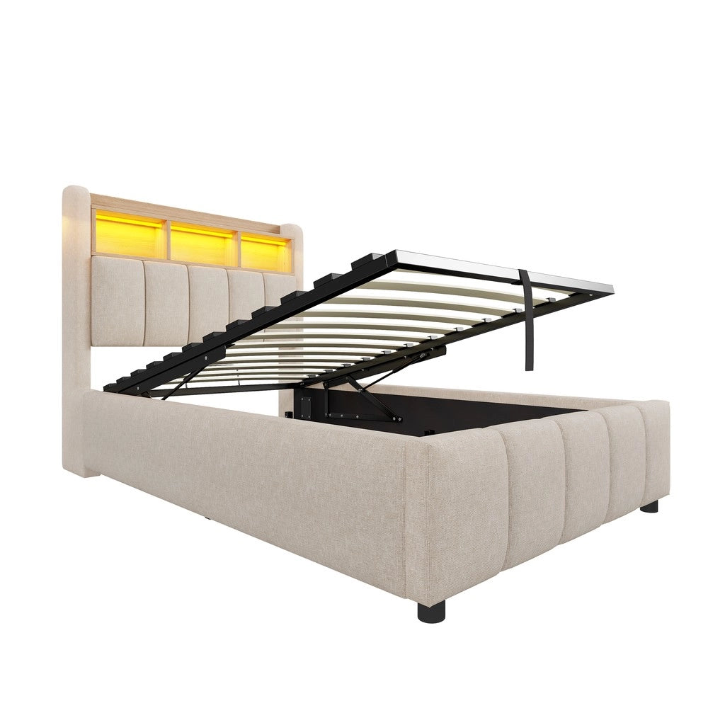Letto Imbottito Singolo con LED, USB e Contenitore Idraulico ¨C MINIMAL ¨C Lino Beige 90x200
