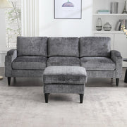 Divano 4 posti con pouf contenitore; portabicchieri e tasche laterali; grigio