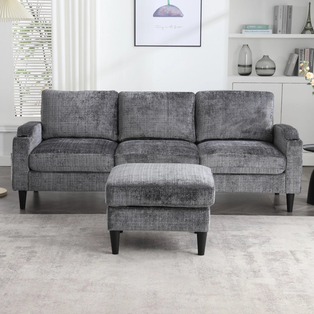 Divano 4 posti con pouf contenitore; portabicchieri e tasche laterali; grigio