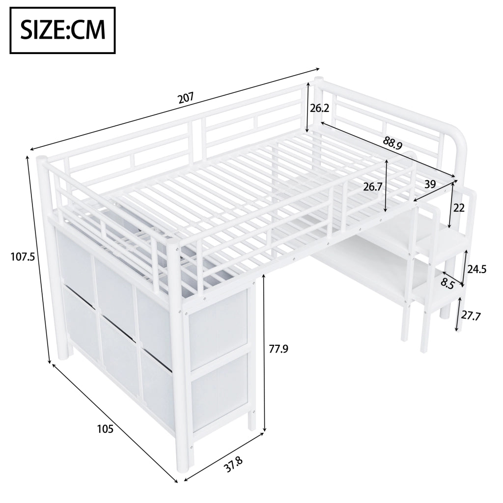 Letto a soppalco basso 90 × 200 cm con cassetti e ripiani scala ampia struttura in metallo e MDF per cameretta