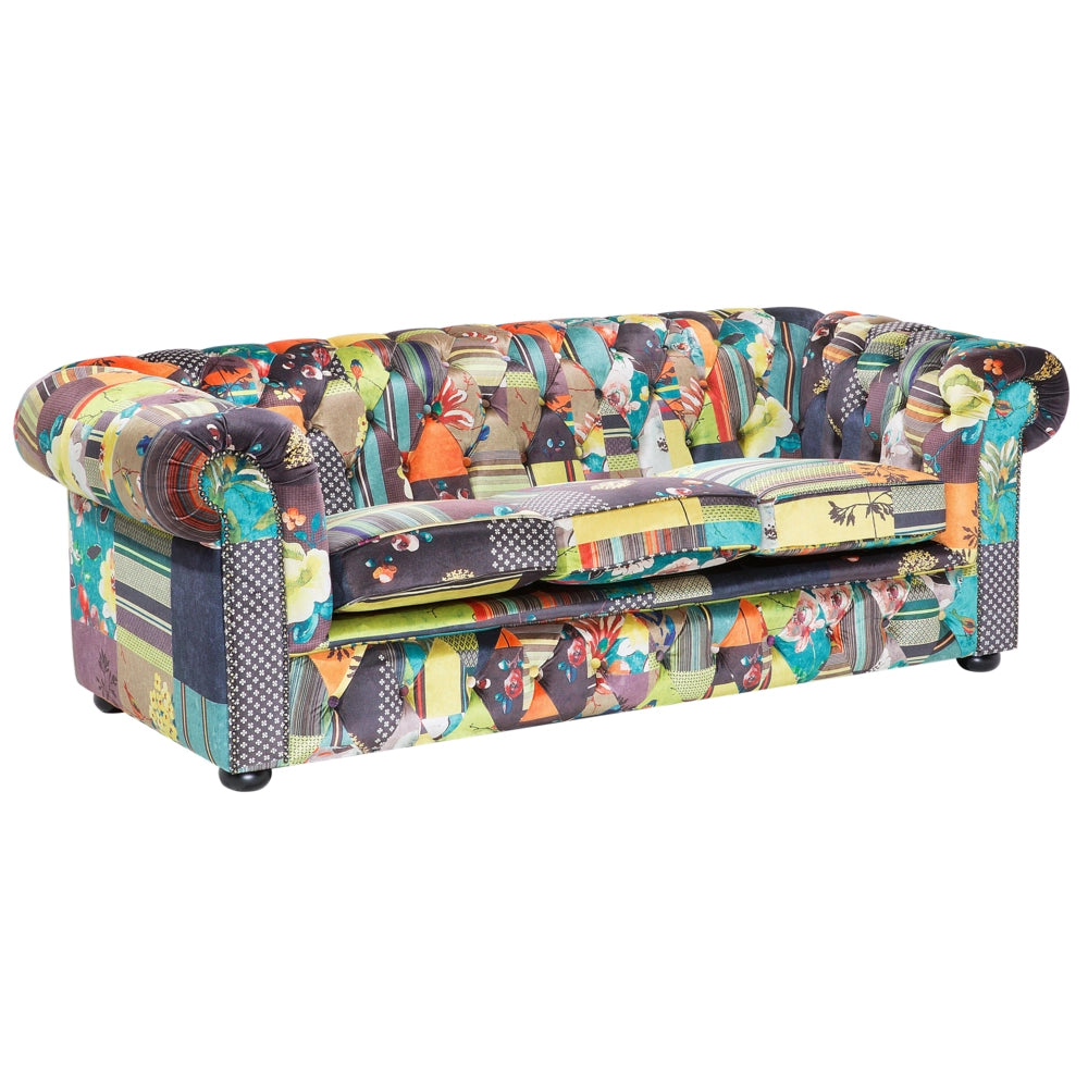 Divano a 3 posti Tessuto Multicolore Braccioli a voluta con inserti Patchwork giallo eclettico