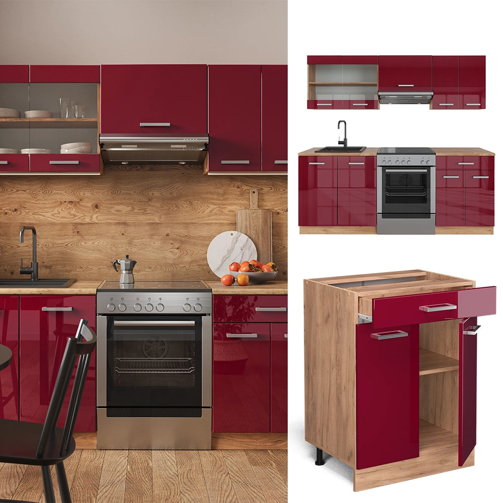Vicco Cucina componibile Rosso lucido/rovere dorato 200 cm , PL Antracite
