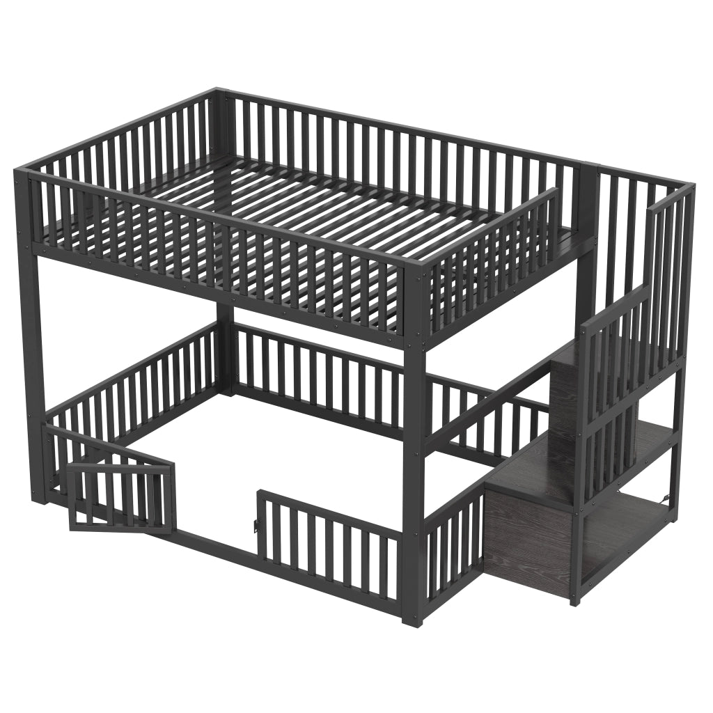 Letto a soppalco con LED - Zephmum- 140x200 cm, nero, scala con vano