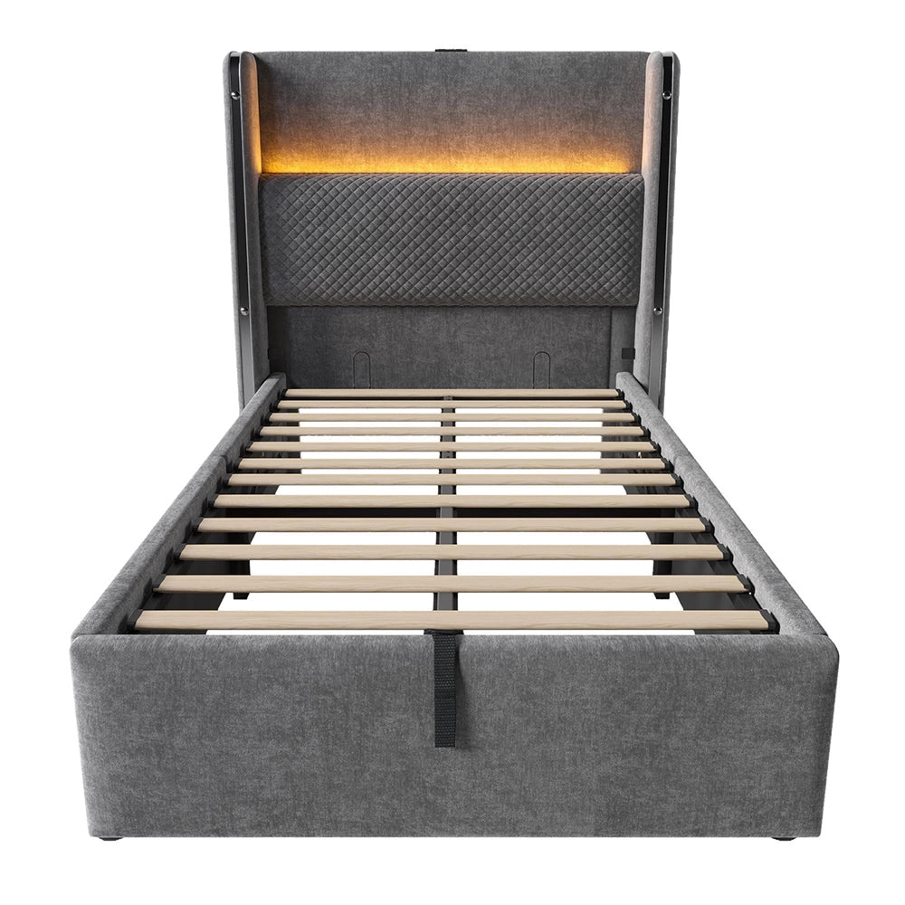 Letto 90x200cm?- Xylo - idraulico LED USB lino grigio