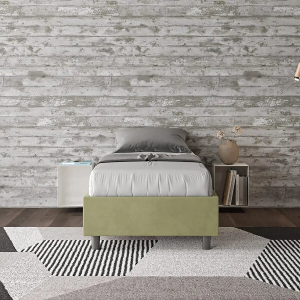 Letto singolo contenitore imbottito 80x200 microfibra tè verde Azelia