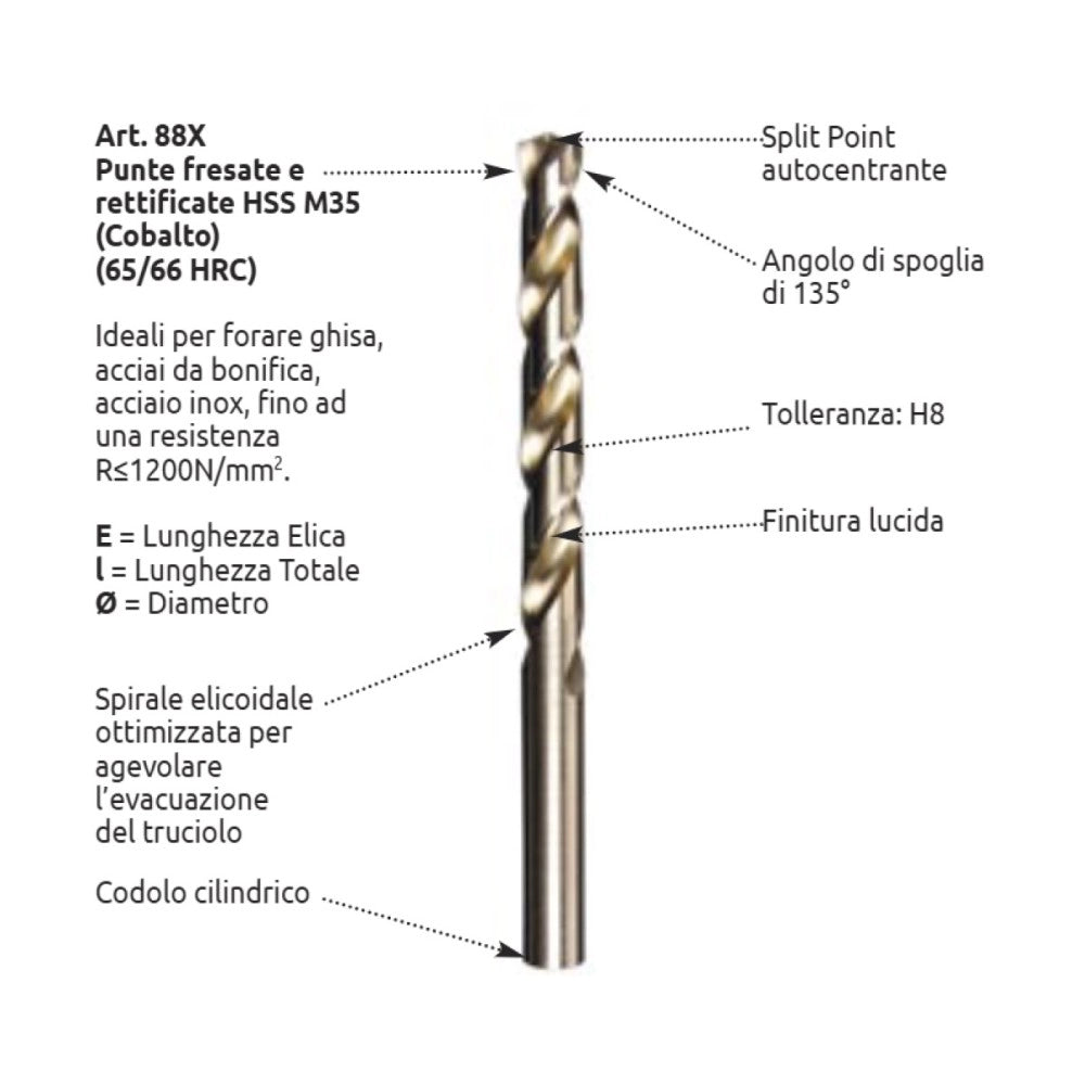 Stella bianca 8,00mm punta elicoidale hss cobalto 5% din 338