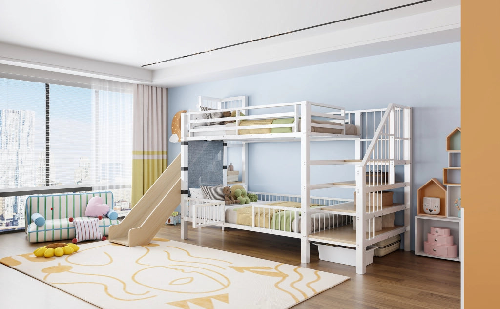Letto a soppalco in metallo 90*200CM bianco; scivolo; riporzione; scaffali; letto per bambini sicuro e che fa risparmiare spazio