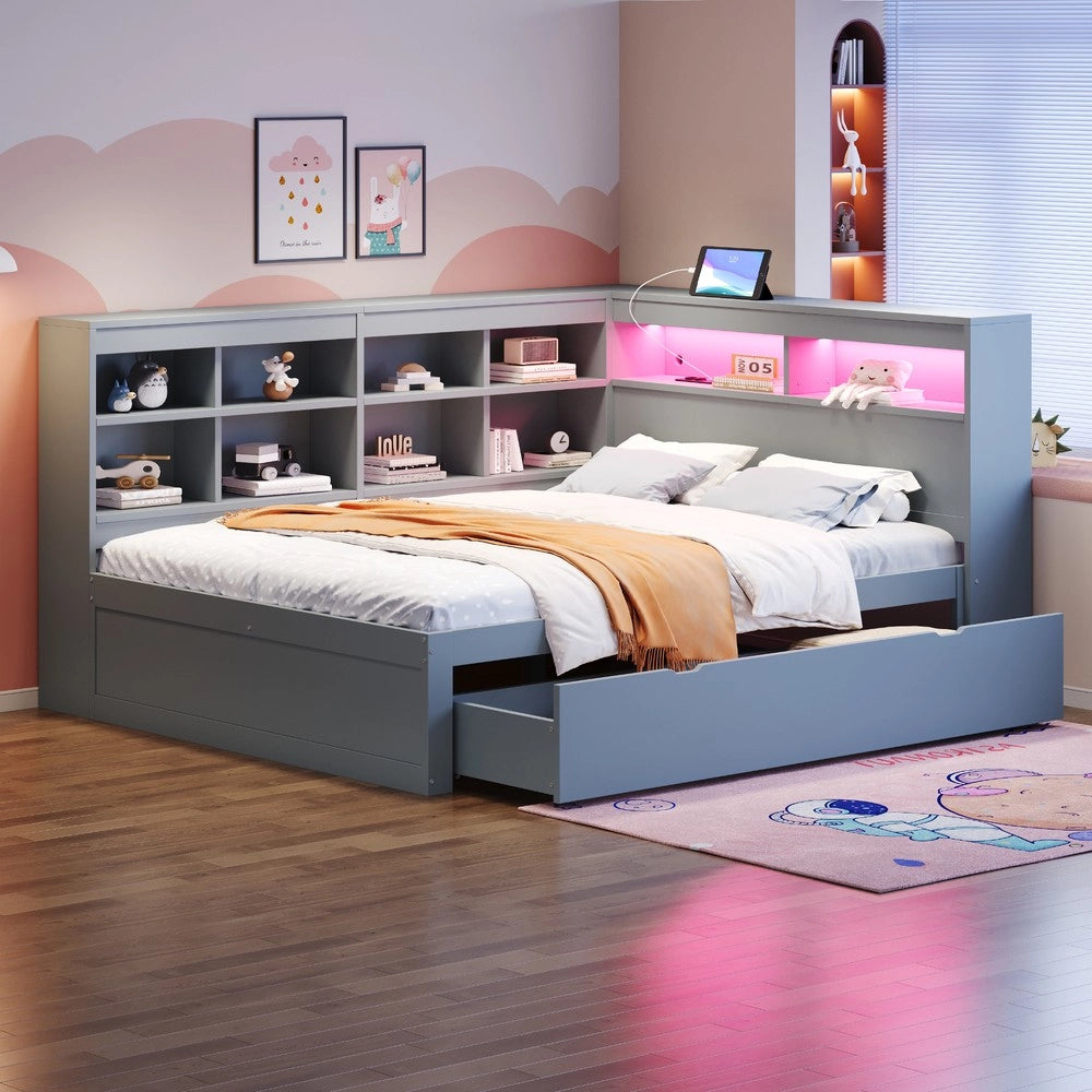 Letto Matrimoniale in Legno Massello con Cassetti e LED ¨C MINIMAL ¨C Grigio 140x200