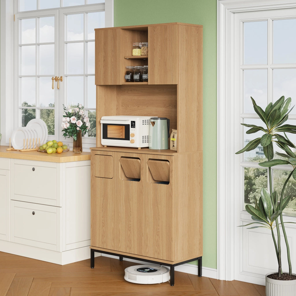 Mobile contenitore da cucina con 3 ante e 3 vani per raccolta differenziata, per cucina, in MDF, naturale, 80 × 35 × 181 cm