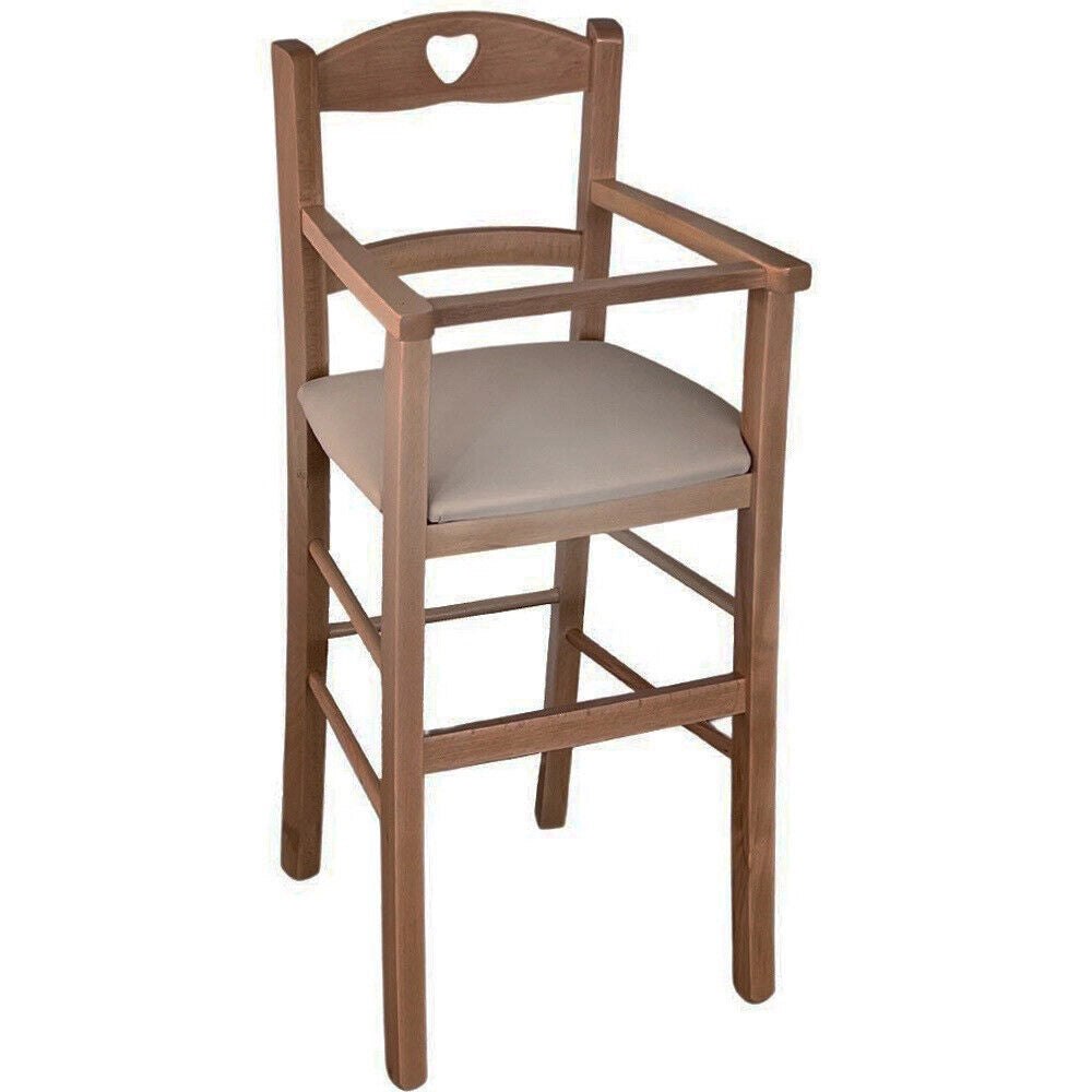 Seggiolone in legno color noce chiaro con seduta imbottita in similpelle tortora