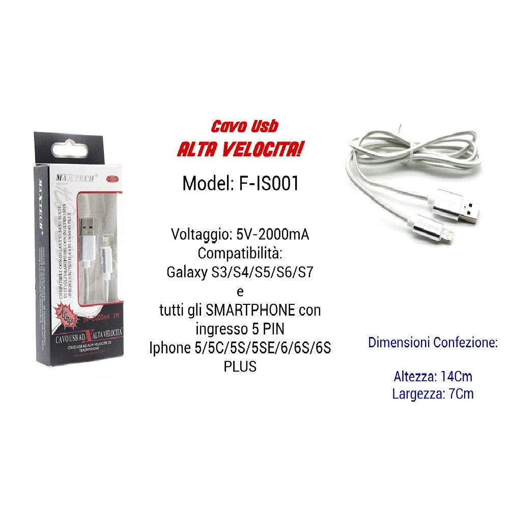 Trade Shop - Cavo Usb Ricarica Veloce Iphone Galaxy 5volt-2000ma 1,00mt 5 Pin Maxtech F-is001 -