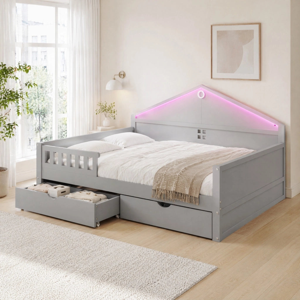 LETTO 140x200 cm con LED e 2 cassetti, grigio, legno di pino e MDF