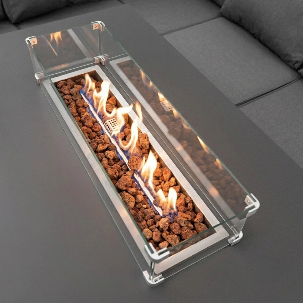 Set Giardino Alluminio 7 Posti Grigio Divano Sedie Tavolo Fire Pit