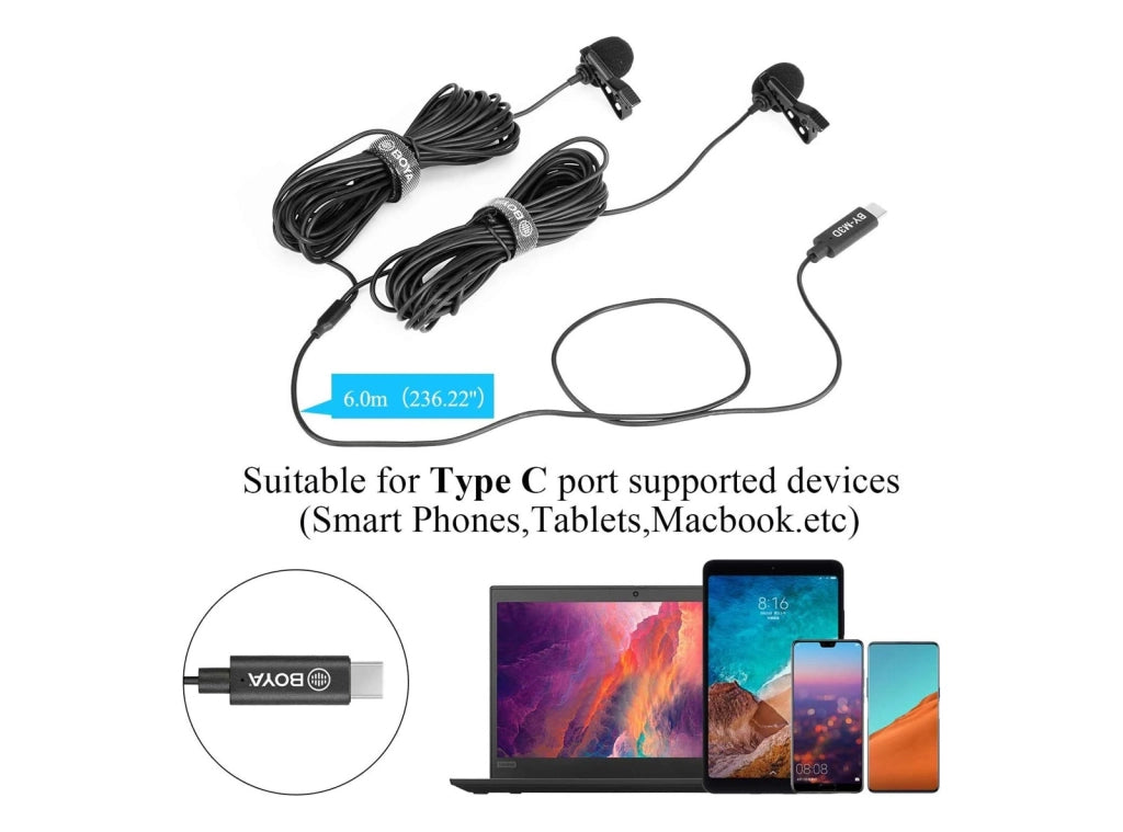 Microfoni Lavalier BOYA BY-M3D Digitali a Doppia Testa USB tipo C compatibili con iPad Pro, Mac PC