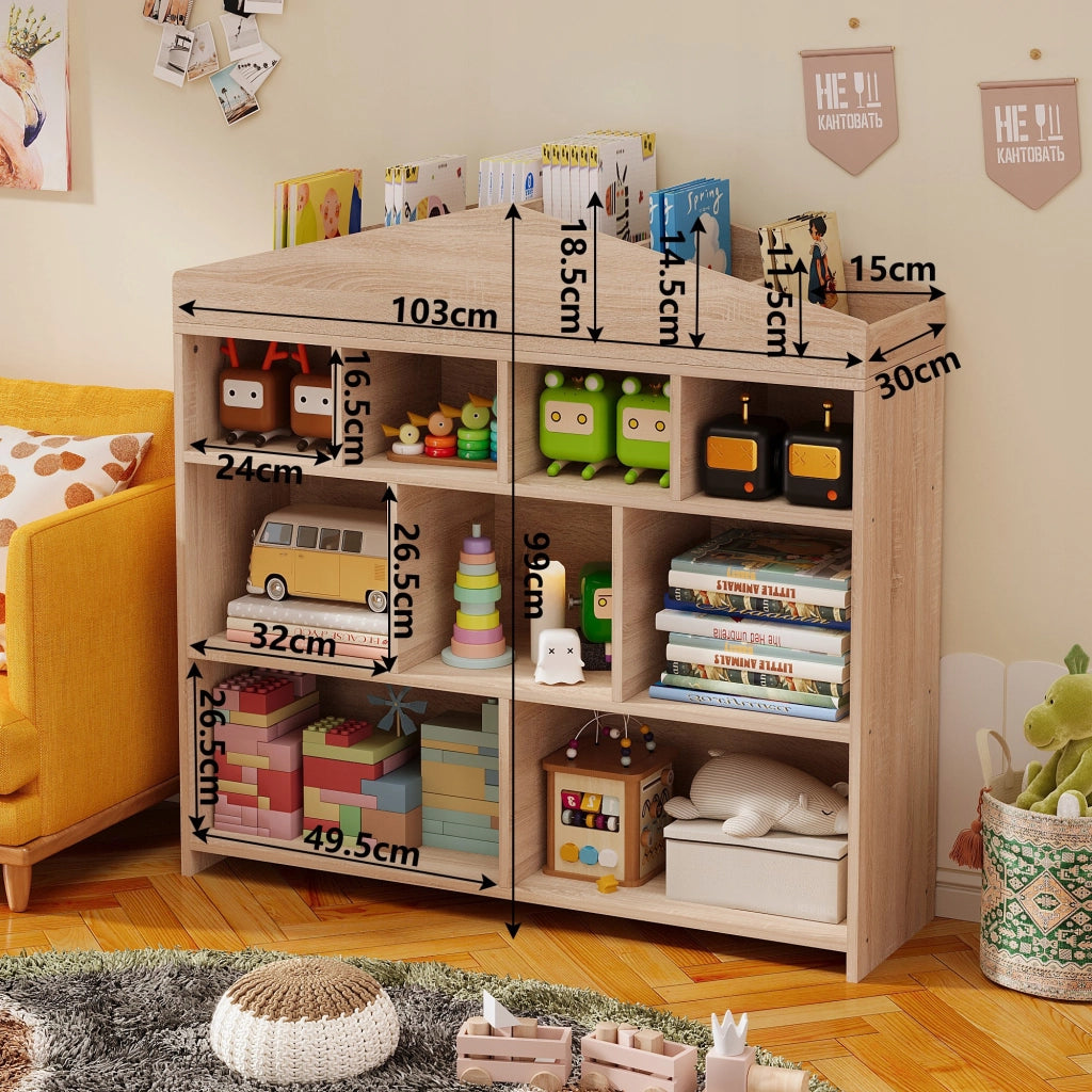 Scaffale marrone per bambini, ideale per giocattoli, libri, accessori e come organizer, con 9 scomparti