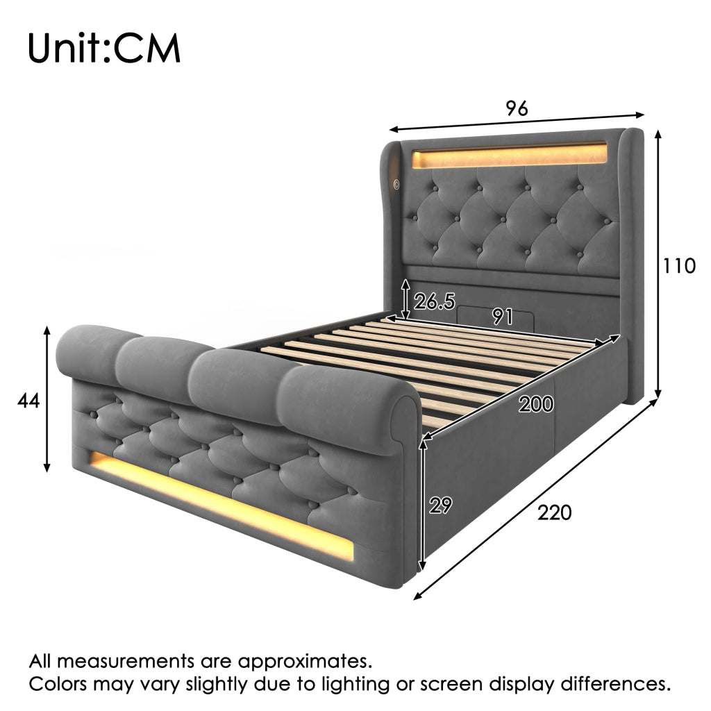 LETTO Imbottito contenitore 90x200 cm velluto grigio con LED, USB-C e materasso