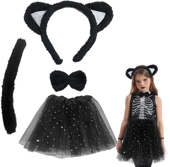 Costume da gatto per bambini - Set di cosplay con orecchie, coda, tutù, gonna - Costume da Halloween - Giochi di ruolo - Costume per bambine - Costume animale
