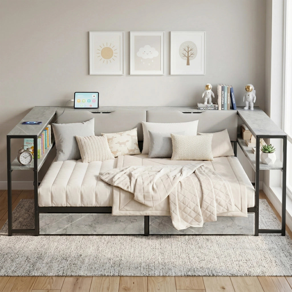LETTO imbottito 140x200 cm Grigio in MDF e metallo con 2 cassetti