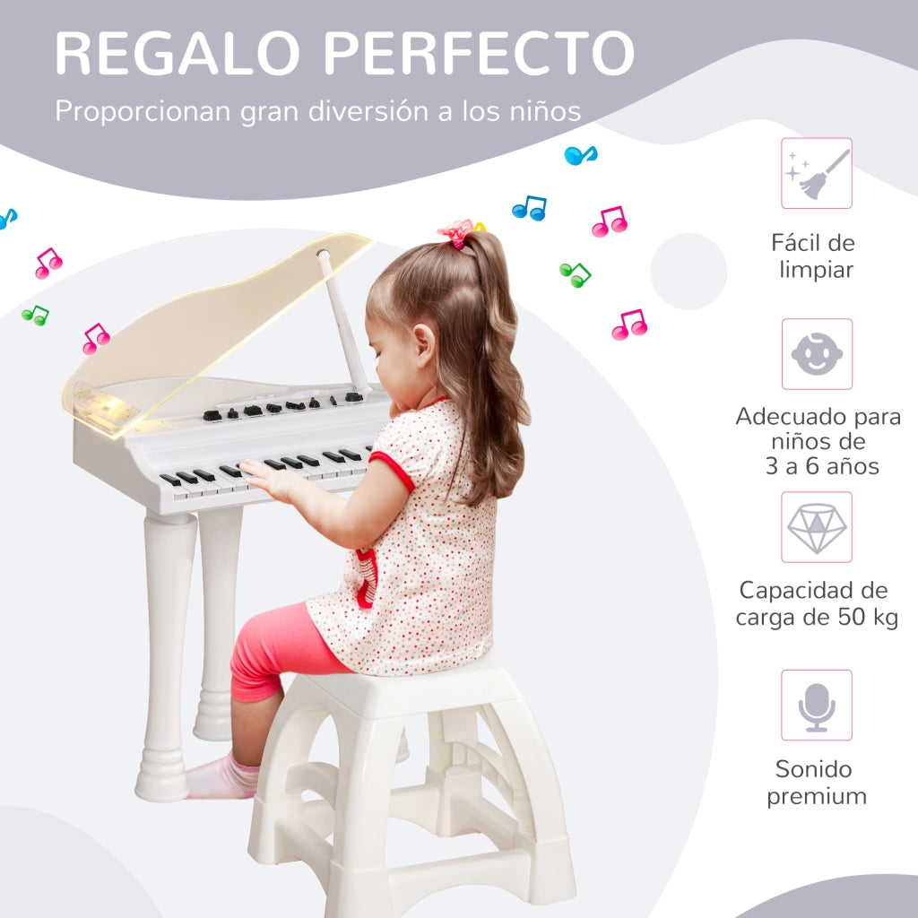 Piano Giocattolo per Bambini con Microfono e Luci ¨C Minimal ¨C 37x30.5x60.4 cm Bianco