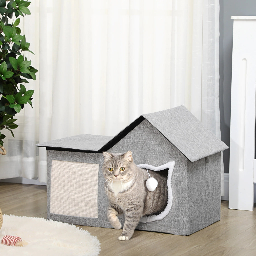 Casetta Gatti con Cuscino Graffiato e Palla ¨C Minimal ¨C 65x41x45.5 cm Grigio