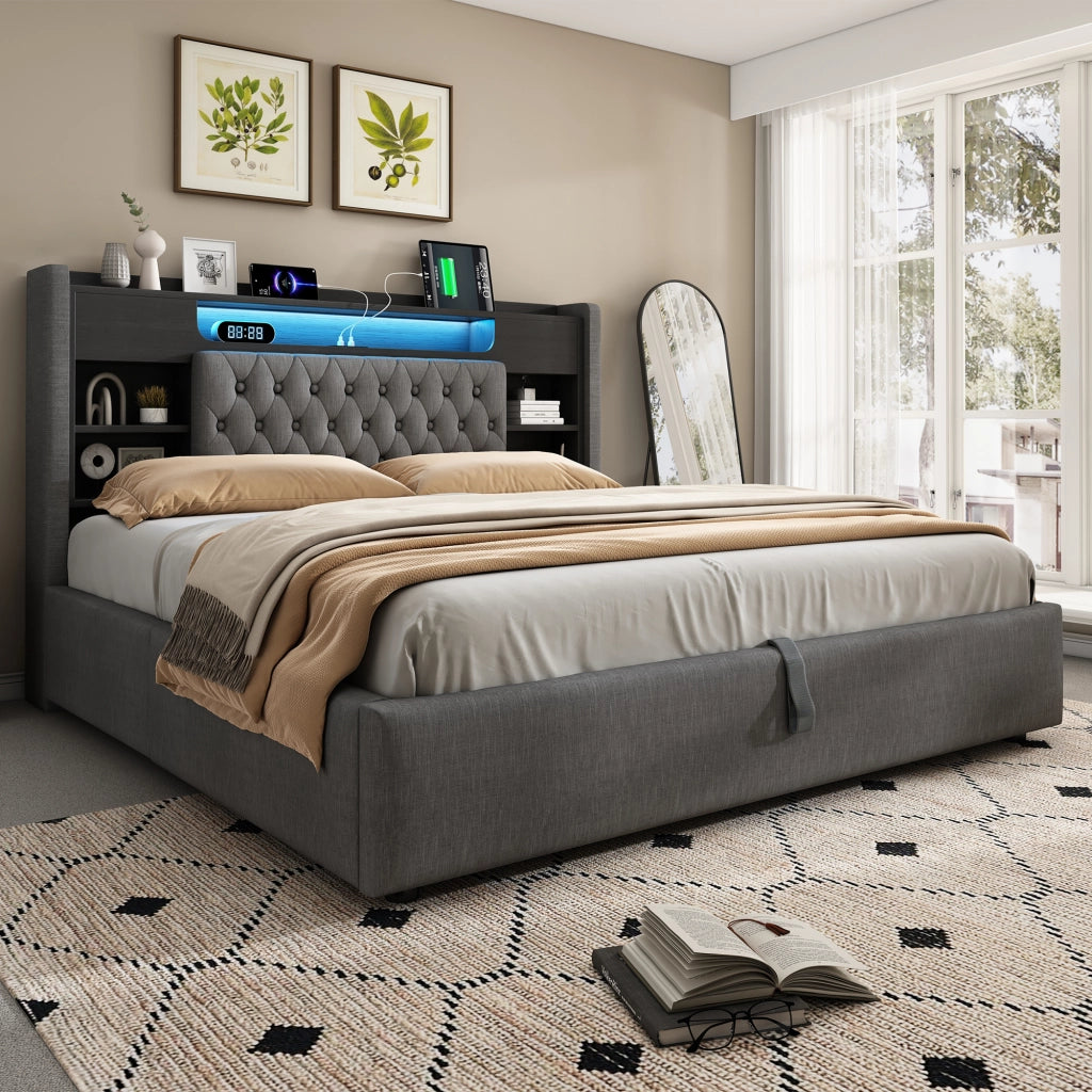 LETTO Contenitore 180x200 cm in lino grigio con LED e porte USB