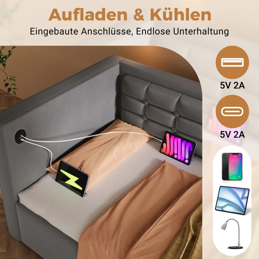 LETTO Divano letto 90x200 cm in velluto grigio con contenitore e USB Type-C