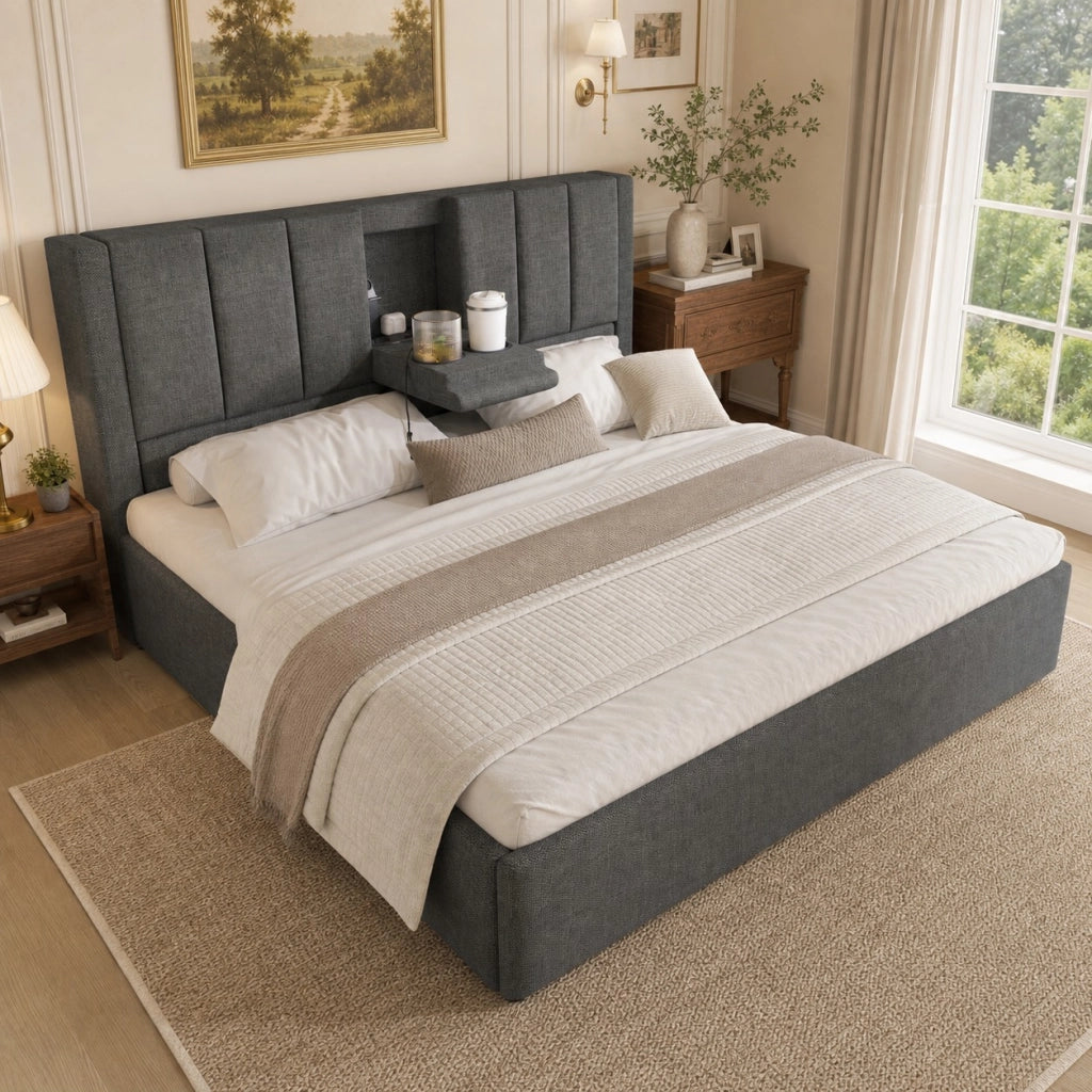 LETTO Contenitore 180x200 cm in lino grigio con USB e portabicchieri