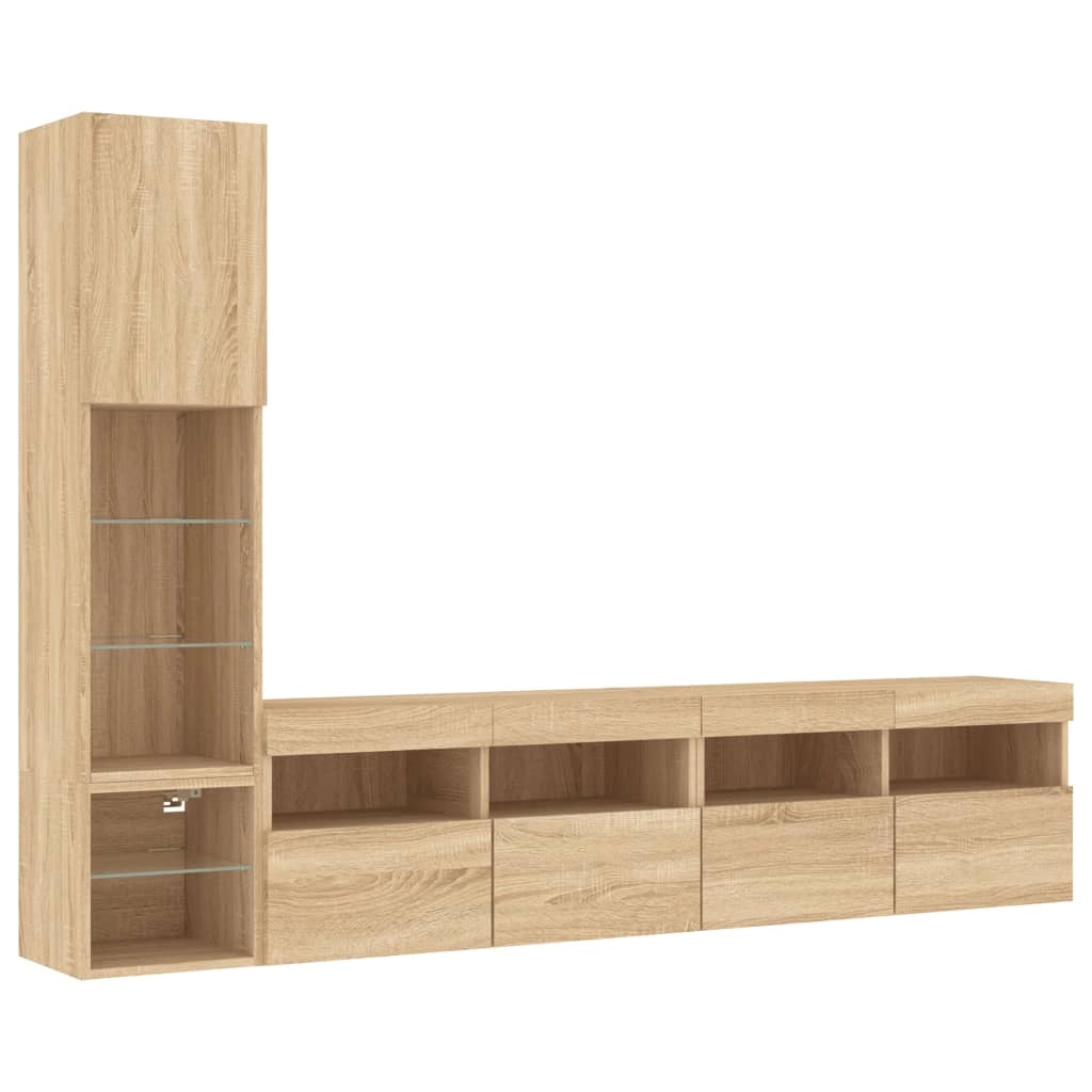 Mobile TV multimediale mensola TV credenza mobile TV sala da pranzo soggiorno camera da letto con illuminazione a LED 4 pezzi legno ingegnerizzato rovere Sonoma marrone 02_0029364