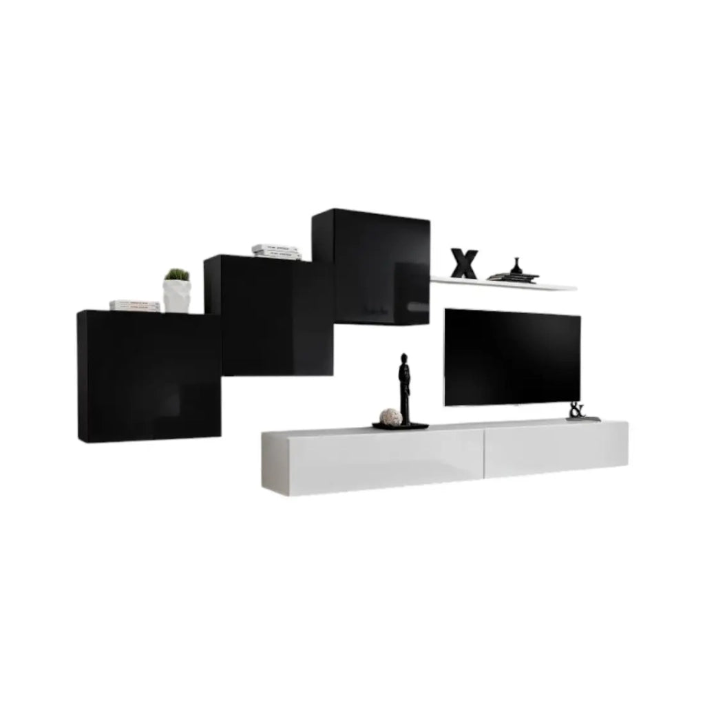 Mobile da salotto murale SWITCH X design, colori bianco e nero lucido.