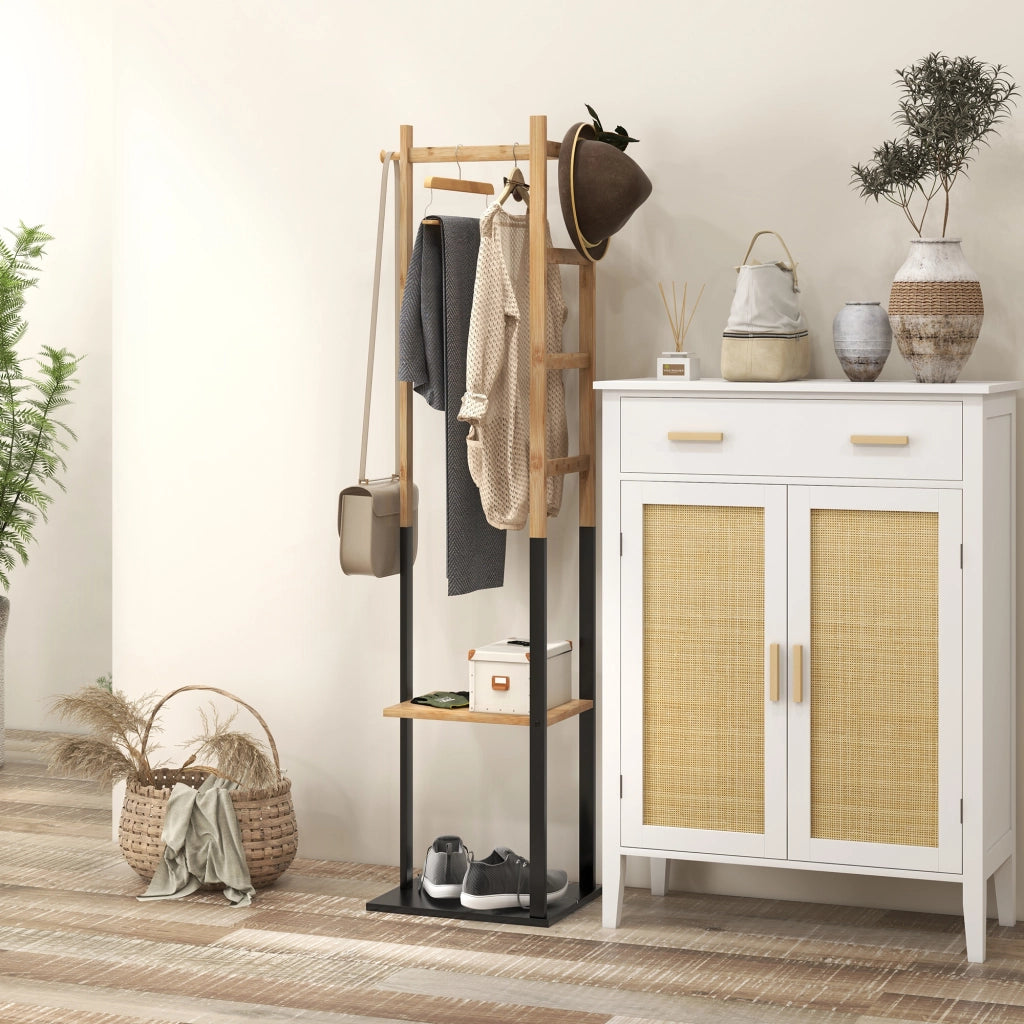 Appendiabiti da Terra con Scaffali e Ganci ¨C Minimal ¨C Legno e Acciaio, Nero