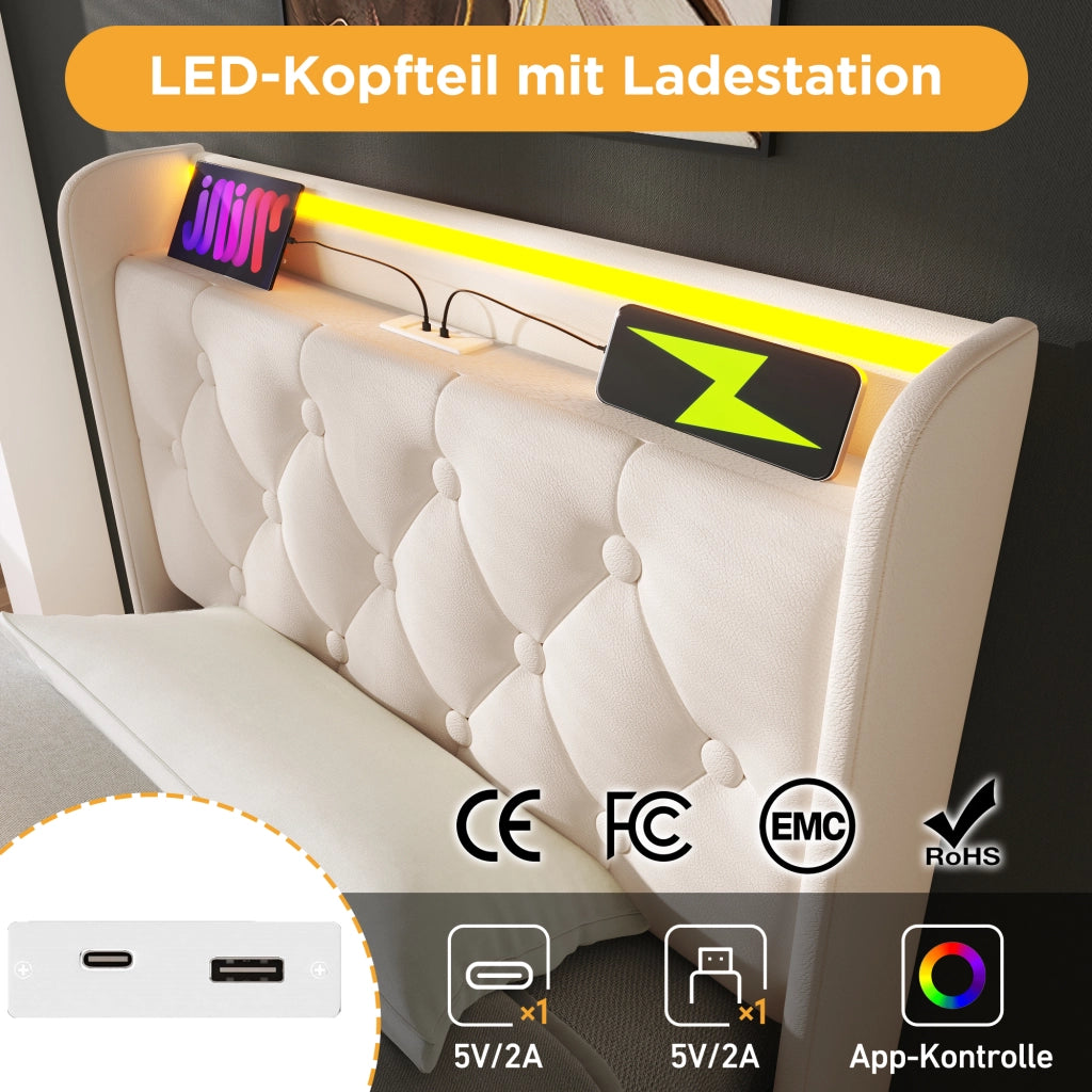LETTO 90x200 cm con LED, USB Tipo-C, PU bianco, contenitore idraulico