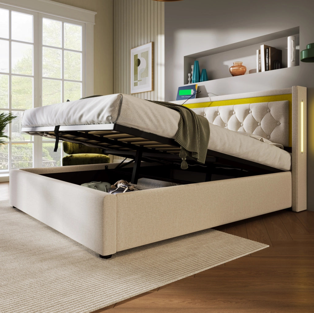 Letto matrimoniale con LED, contenitore e porte USB Type-C