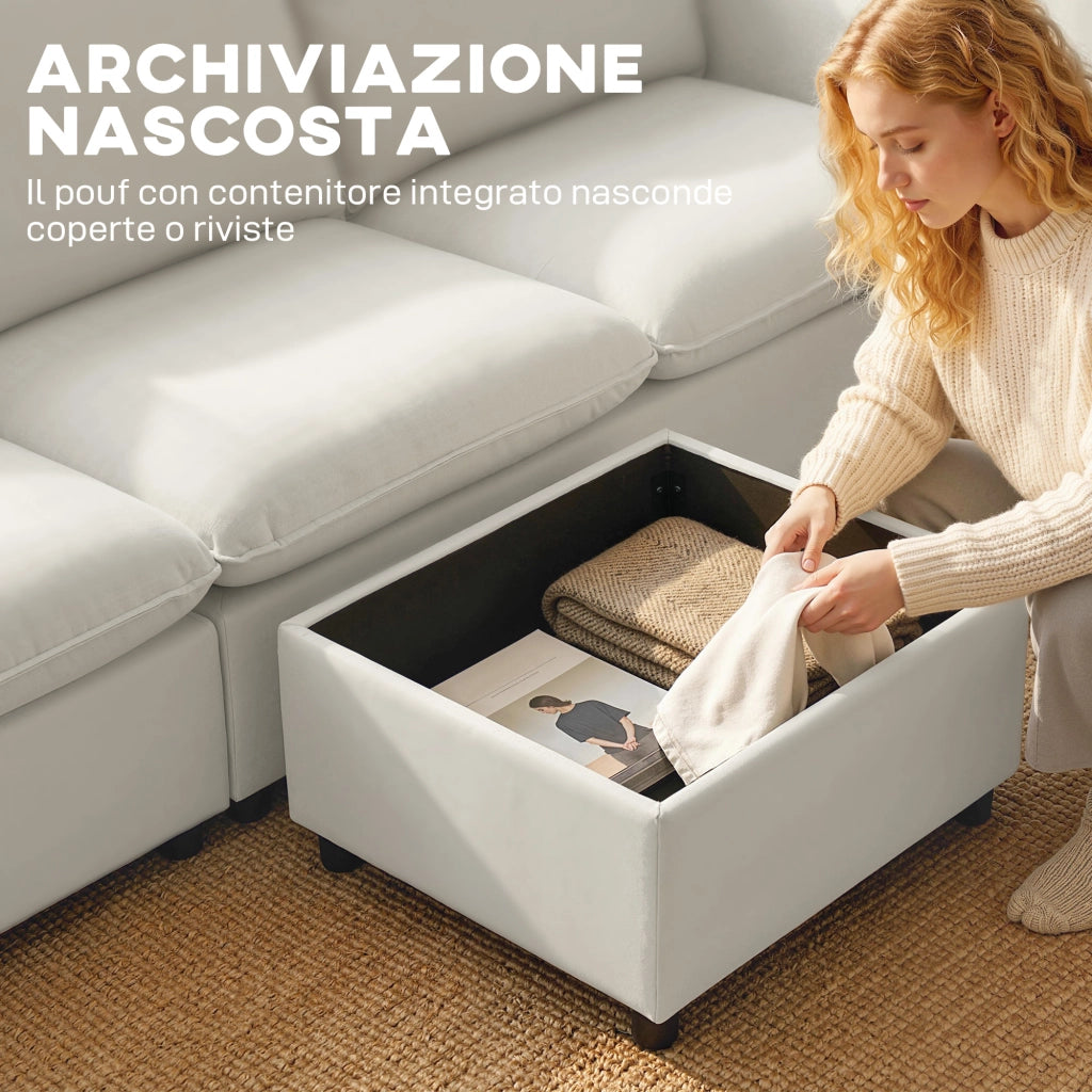 Divano Angolare 3 Posti in Tessuto con Contenitore e Cuscini ¨C Minimal ¨C Crema