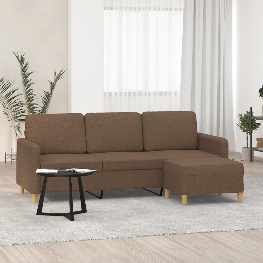 Divano a 3 Posti con Poggiapiedi Marrone 180 cm in Tessuto