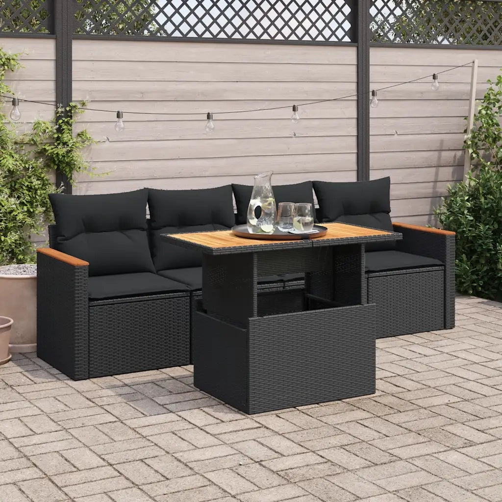 Set Divani da Giardino 5 pz con Cuscini Nero Polyrattan Acacia 3327429